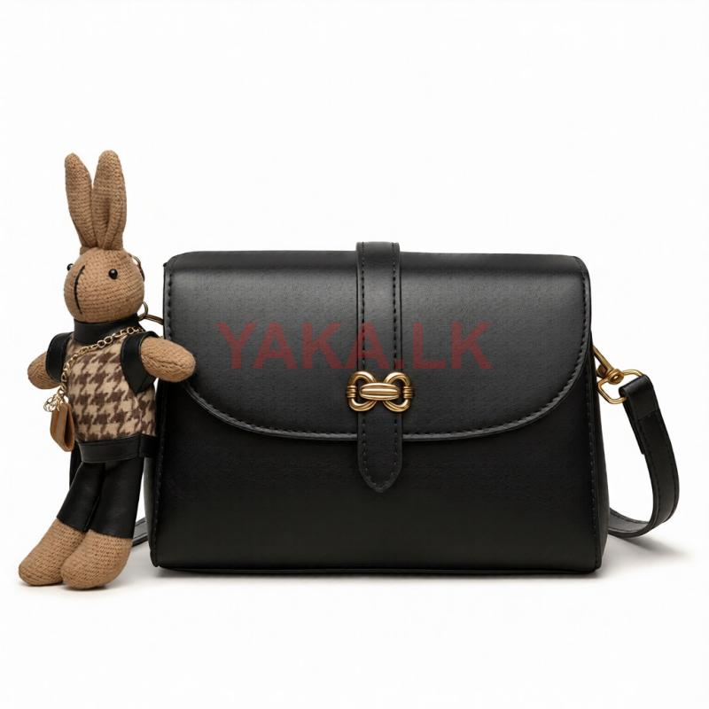 Stylish Black Leather Crossbody Bag with Cute Bunny Charm